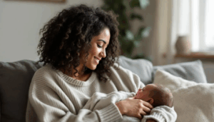 new mom sitting on the couch with her baby