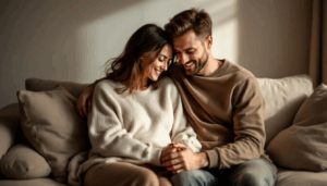 A couple sharing a tender moment, highlighting strategies to rekindle physical intimacy post-baby