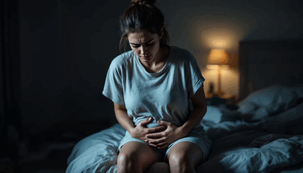 woman holding abdomen dealing with symptoms of estrogen dominance