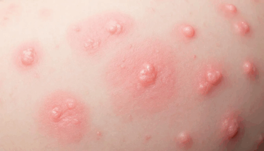 The image shows a close-up view of skin affected by postpartum hives, with raised, red welts indicating itchy skin conditions.