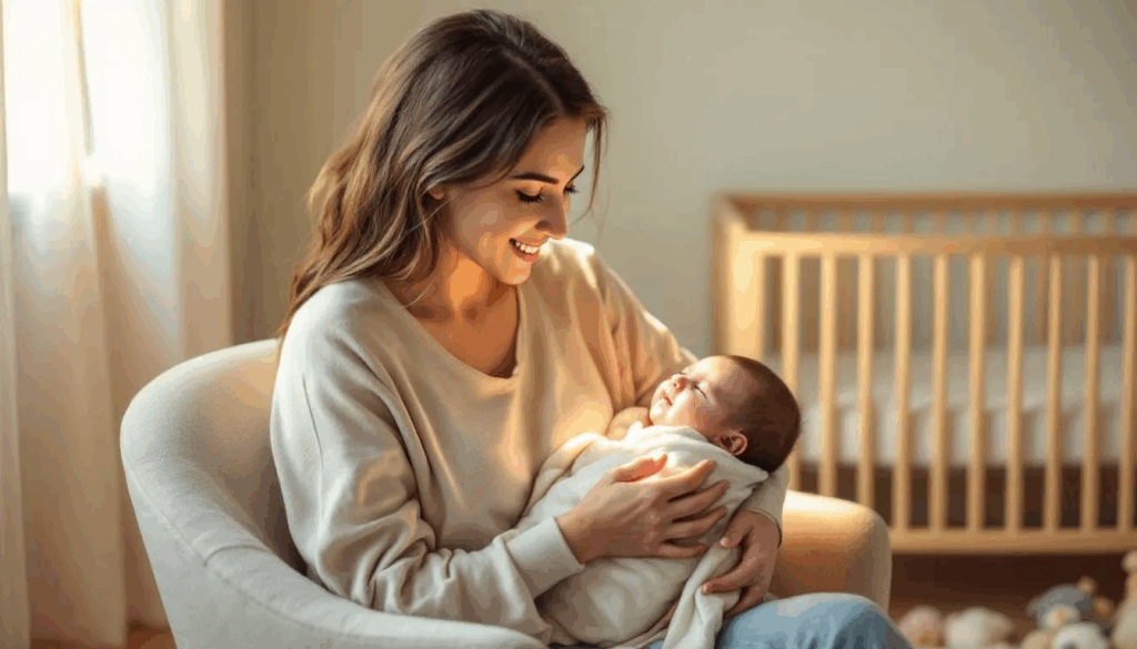 A new mother is examining her skin for changes while holding her baby, reflecting on the postpartum skin issues many women experience, such as dry skin and hormonal fluctuations. She may be considering her skincare routine to address concerns like postpartum acne and hair loss during this transformative period