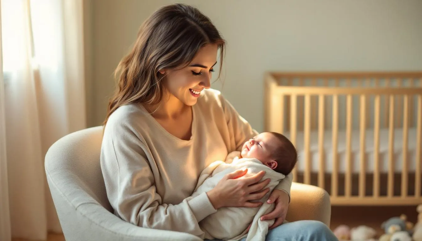 A new mother is examining her skin for changes while holding her baby, reflecting on the postpartum skin issues many women experience, such as dry skin and hormonal fluctuations. She may be considering her skincare routine to address concerns like postpartum acne and hair loss during this transformative period