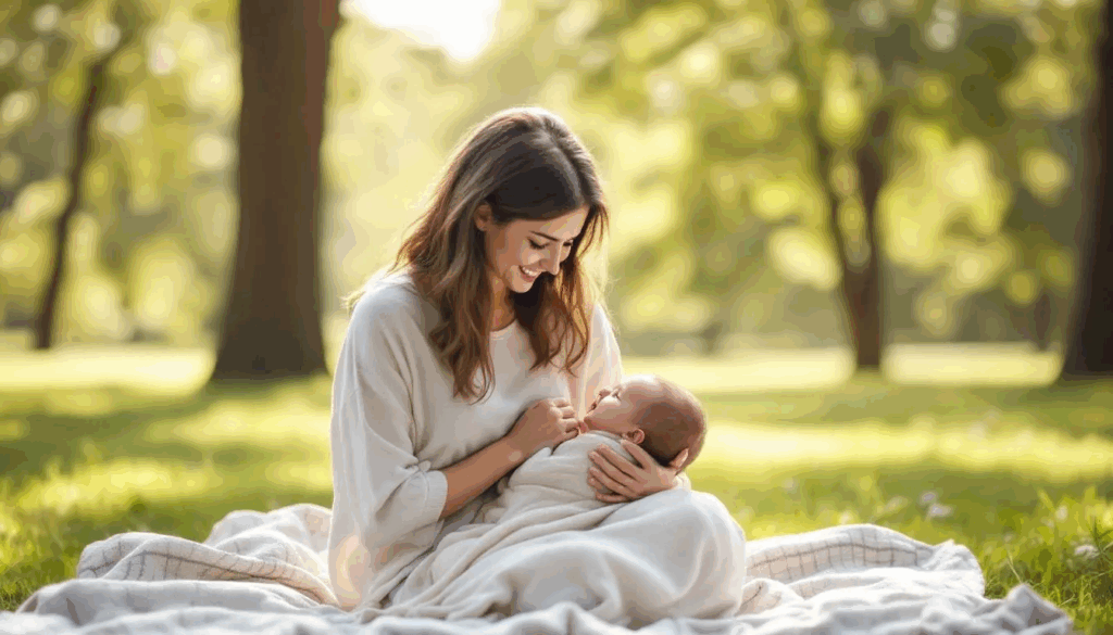A mother is peacefully breastfeeding her older baby in a serene setting, showcasing the natural bond and skin-to-skin contact that enhances milk production and strengthens their connection. The calm environment reflects a successful breastfeeding experience, emphasizing the importance of producing enough milk for the baby's needs. Show less