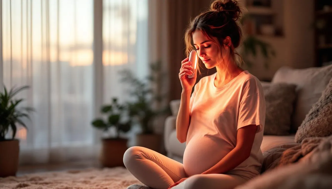 Image showing a woman sitting down while applying redlight therapy
