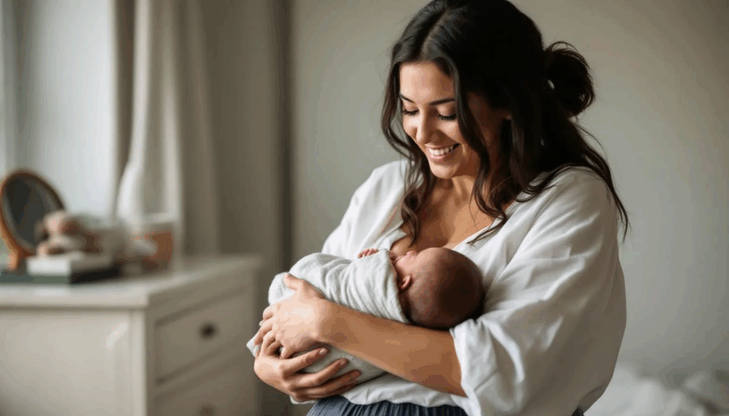  A mother gently holds her newborn baby against her chest in a tender skin-to-skin contact moment, promoting bonding and potentially aiding in breast milk production. This intimate practice can help increase milk supply and support the baby's feeding needs in the early days after birth