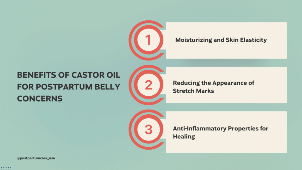 Image with written benefits of castor oil in postpartum belly