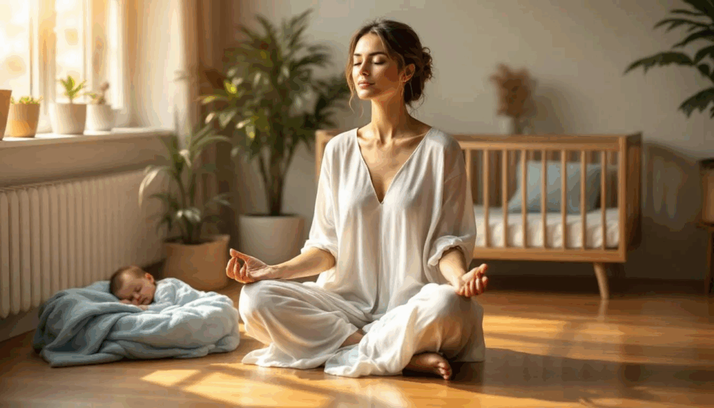 A serene mother is meditating peacefully while her baby sleeps nearby, creating a tranquil atmosphere that promotes maternal mental health during the postpartum period. This moment reflects the importance of mindfulness in managing postpartum mood disorders and fostering a healthy immune system for both mother and child.