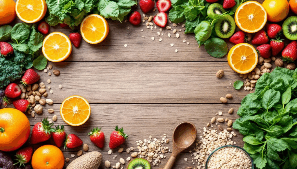 a variety of healthy foods rich in vitamins and minerals, including colorful fruits and vegetables, nuts, and whole grains, arranged neatly on a table. These nutrient-dense options can support immune function and promote maternal mental health during the postpartum period.