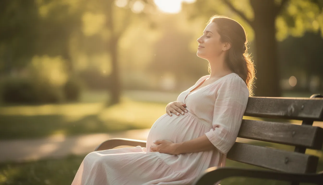 A serene scene of a pregnant woman sitting outdoors in the sunlight, with her hands gently resting on her belly, symbolizing a healthy pregnancy. This moment reflects the importance of maternal gut health and its impact on fetal development and overall well-being.