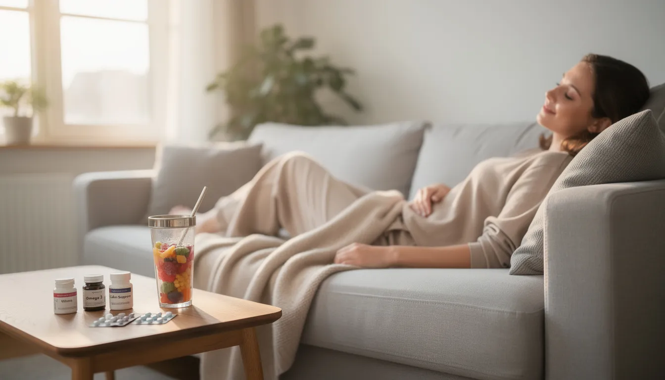 The image depicts a serene moment where a mother is resting with a cup of smoothie in hand, accompanied by various dietary supplements, including l glutamine powder, which is known for supporting gut health and immune function. The setting conveys a sense of tranquility and self-care, highlighting the importance of nutrition and wellness.