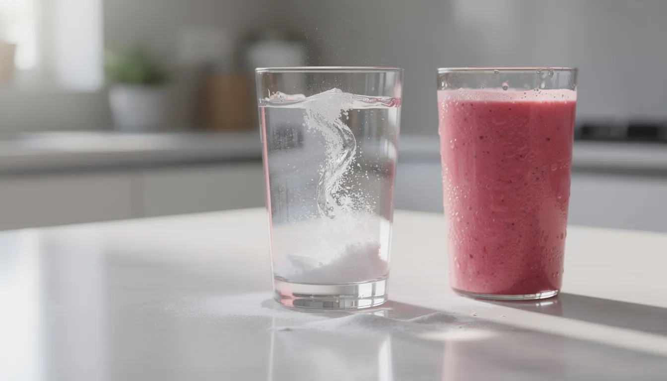 how-to-take-l-glutamine-powder The image shows a glass of water with white l glutamine powder dissolving, placed beside a vibrant fresh smoothie on a kitchen counter. This scene highlights the use of dietary supplements, like glutamine, which plays a key role in supporting gut health and muscle recovery.
