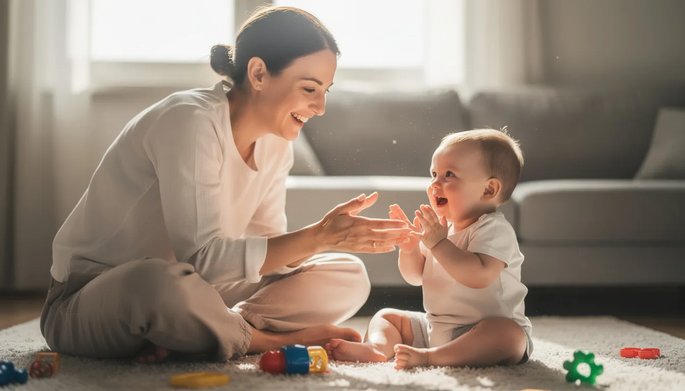 A joyful parent sits on the floor, engaging playfully with their cheerful baby, showcasing a moment of bonding during the postpartum period. This image highlights the importance of mental health and the positive experiences that can occur despite the challenges some women face, such as postpartum depression symptoms.
