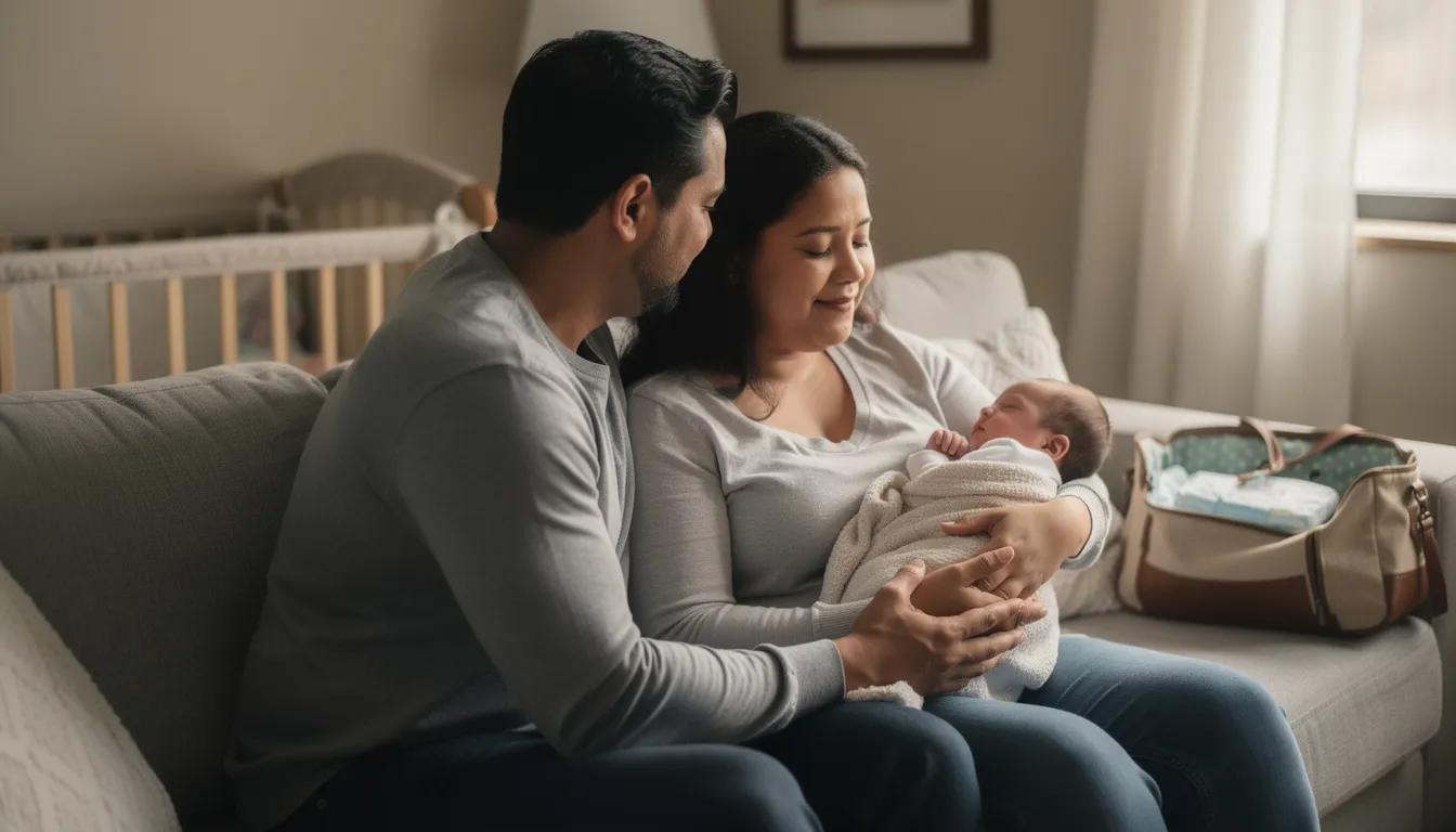 a supportive partner sitting closely beside a new parent, gently holding their hand and offering comfort during the challenging postpartum period. This scene reflects the emotional support crucial for those experiencing postpartum depression symptoms, highlighting the importance of mental health and connection in overcoming difficulties after giving birth.