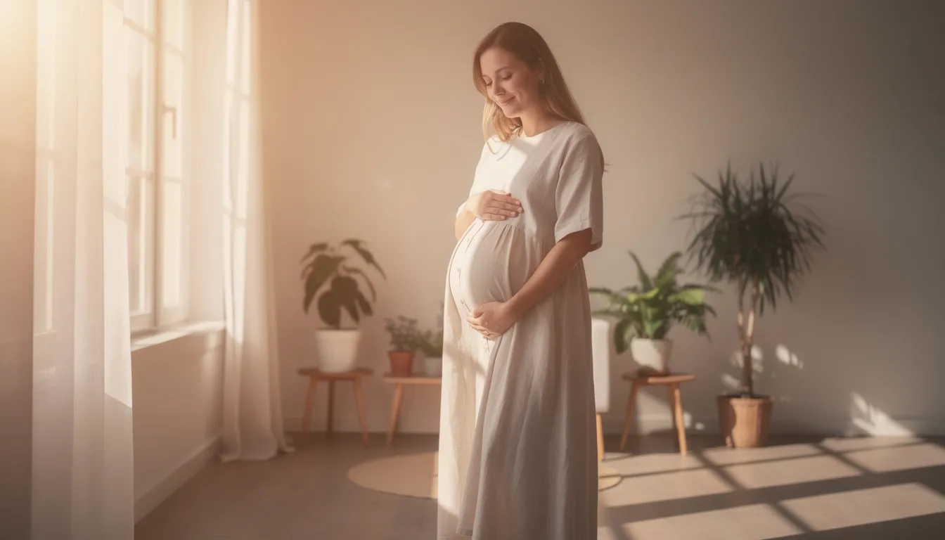 A serene pregnant woman stands in a sunlit room, gently cradling her belly, symbolizing the importance of maternal health and the role of a balanced gut microbiome during pregnancy. This peaceful moment highlights the connection between a healthy gut and fetal development, emphasizing the significance of supporting gut health for expectant mothers.