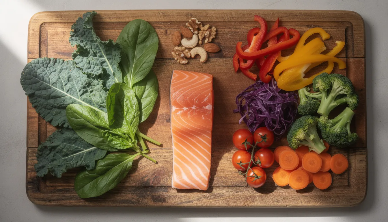 The image features a vibrant assortment of whole foods, including salmon, leafy greens, nuts, and various colorful vegetables, artfully arranged on a wooden cutting board. This balanced diet supports adrenal health and can help manage stress levels, promoting overall well-being and energy production.