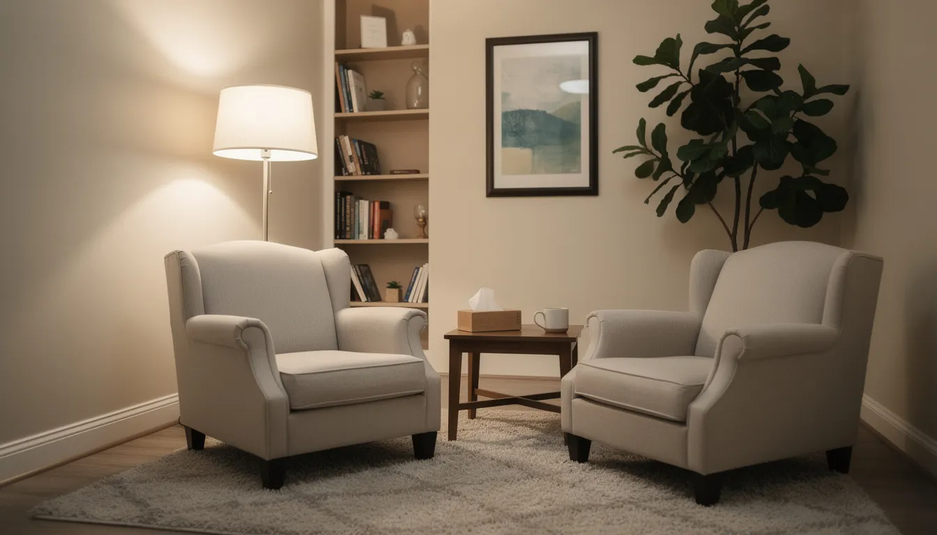 The image depicts a calm and welcoming therapy room featuring comfortable chairs and soft lighting, creating a safe space for individuals experiencing postpartum depression and other mental health conditions. This serene environment is ideal for talk therapy and support groups, aiding women in managing postpartum anxiety and depressive symptoms.